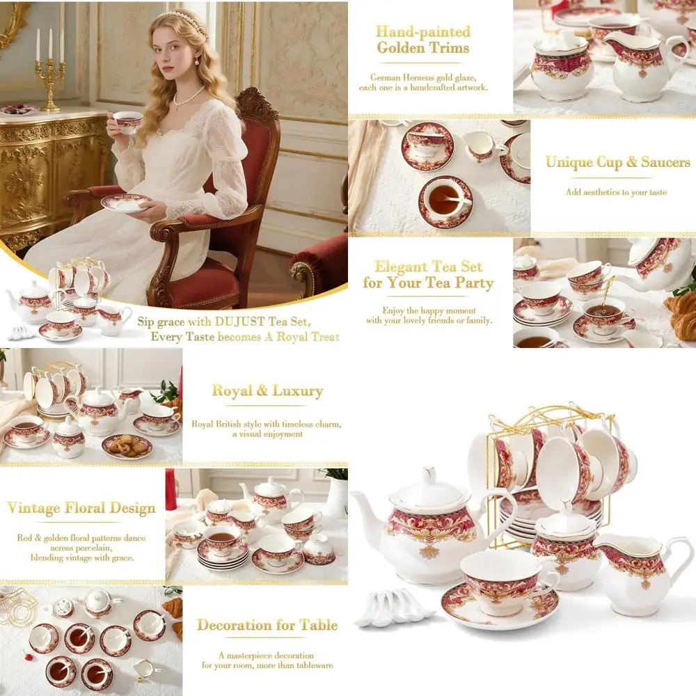 

Elegant 6-Person Vintage Royal Porcelain Tea Set with Red Florals & Gold Trims, Perfect British Teaware for Adults, Gift-boxed L