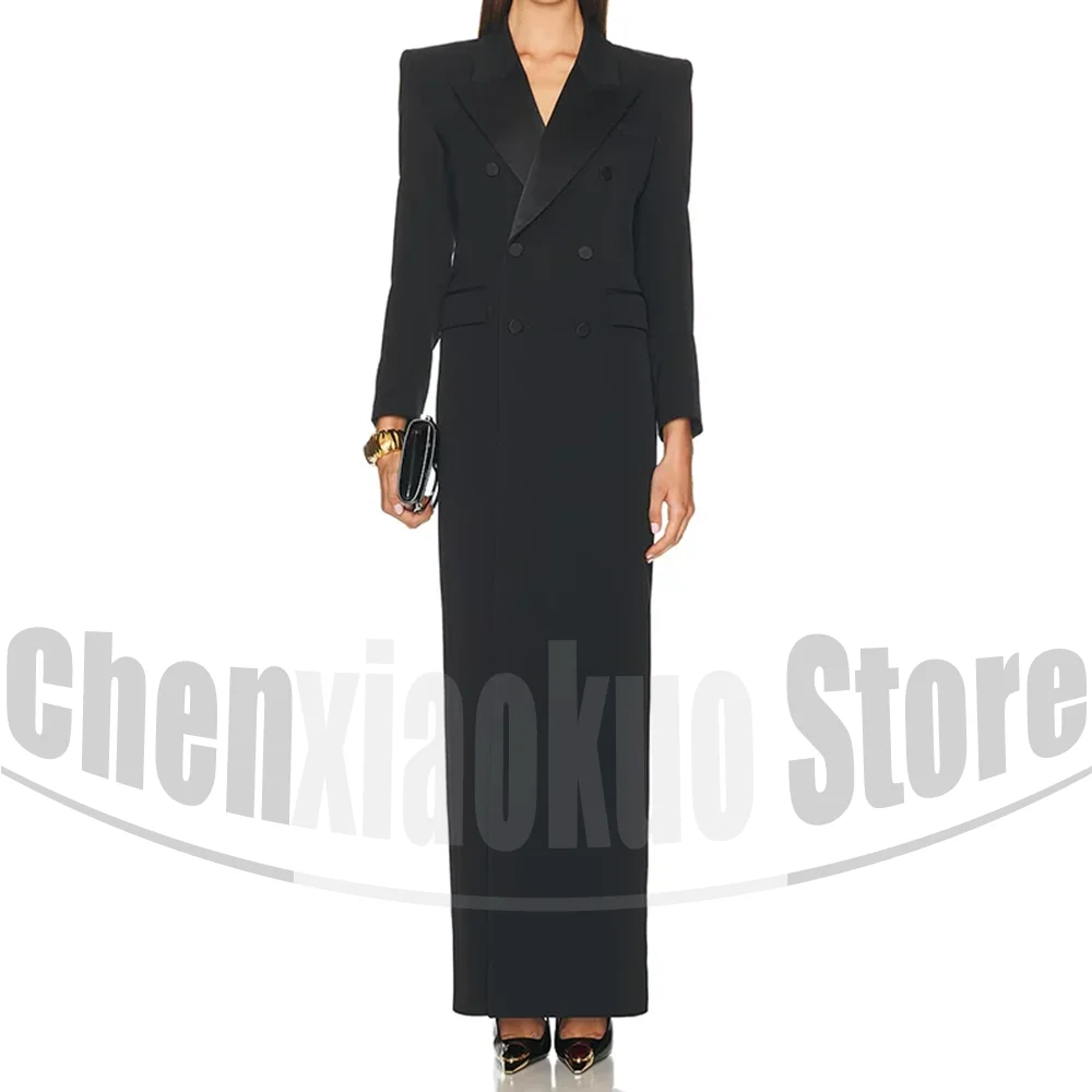 Women's Black Long Blazer with Satin Peak Lapel Formal Coat Slim Fashion Double Breasted Evening Party Prom Jacket One Piece