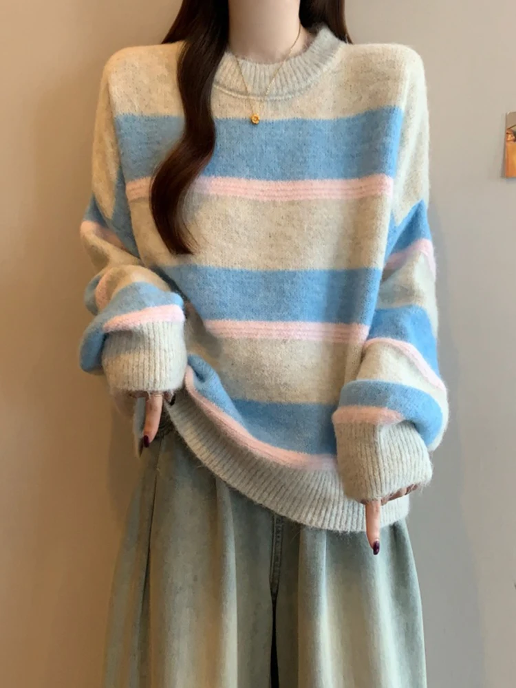 

Женский вязаный свитер в полоску с воротником-стойкой, осенне-зимний, повседневный, базовый слой, модный