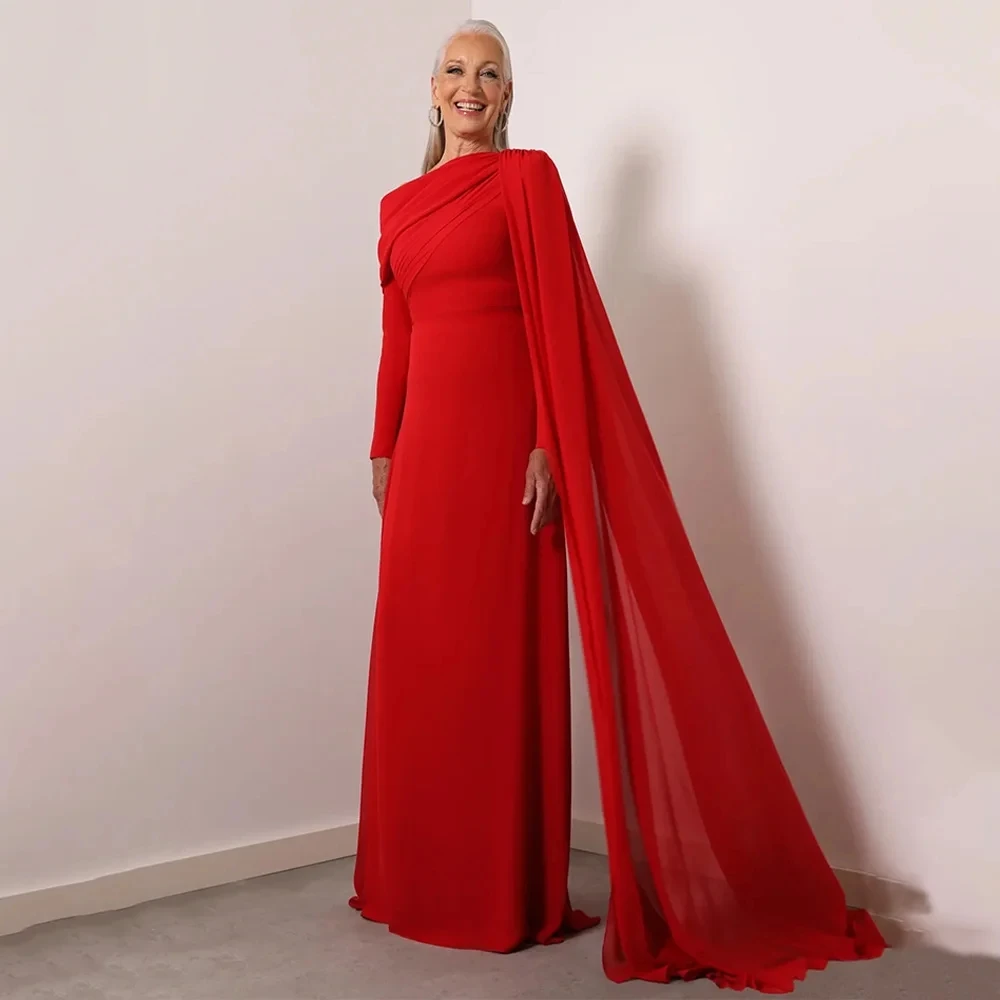 

2026 Elegant Red Mother of The Bride Dress Cap Long Sleeves Scoop Pleats Chiffon A Line Wedding Guest Gown Party Gowns