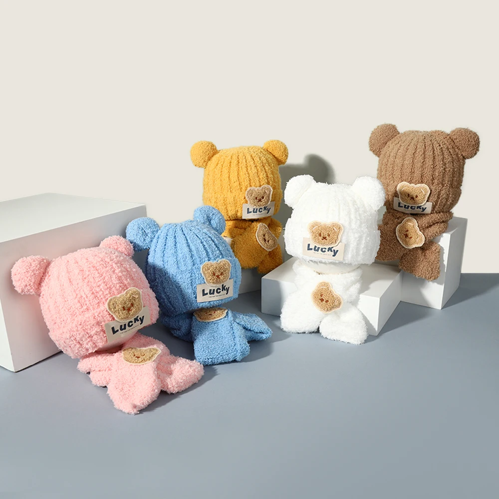 

Children's Bear Plush Scarf Integrated Hat Autumn and Winter Baby Hat Two-piece Set with Velvet Warm Ear Protection Hat