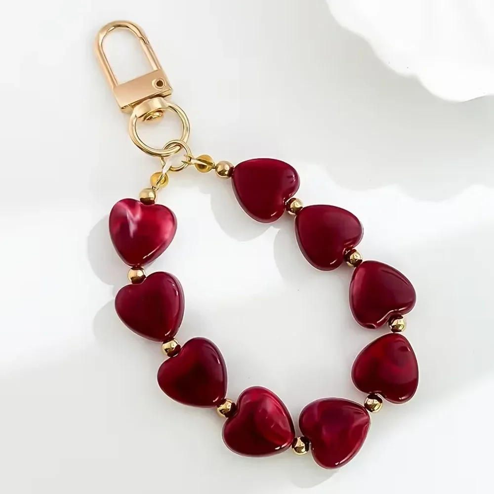 Heart Beaded Bag Charm Acrylic Resin Keychain With Gold Clasp Cute Y2k Coquette Aesthetic Accessories For Women BFF Teens Gifts