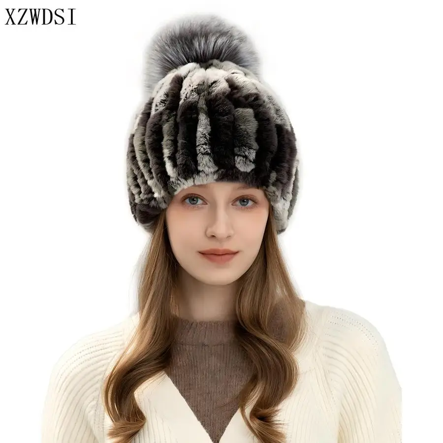 Women Real Fox Fur Pompom Knitted Warm Elastic Fashionable Fluffy Thick Outdoor Natural Rex Rabbit Fur Hat