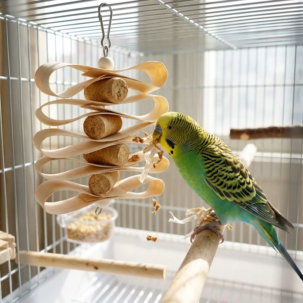 Natural-Wood Bird Chew Toy String with Bamboo Weave and Shredded Paper Foraging Blocks for Small and Medium Parrots Hanging Beak