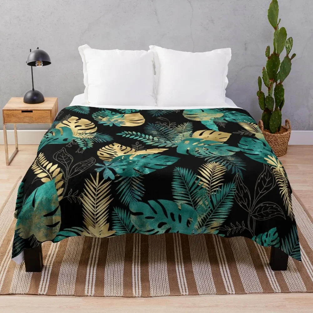 

Teal and Gold foil leaves, bright and lush foliage pattern, large teal and gold tropical leaves Throw Blanket