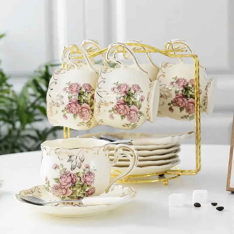 Rose Flowers Bone China Coffee Set British Porcelain Tea Set Ceramic Pot Creamer Sugar Bowl Teatime Teapot Coffee Cup Mug Coffee