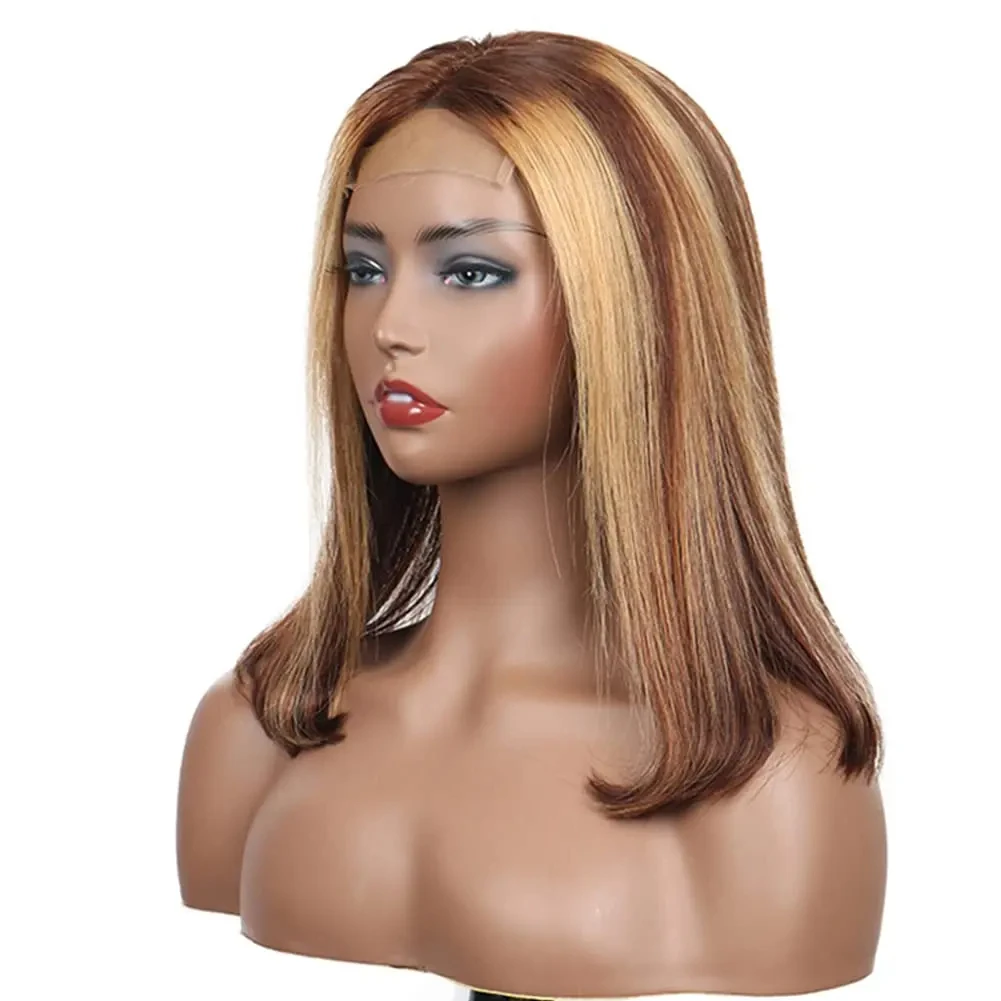 Perruque Bob Lace Front Wig naturelle Remy lisse ombrée, 13x4, 4/27 de densité, pre-plucked, avec reflets, transparente, 100%