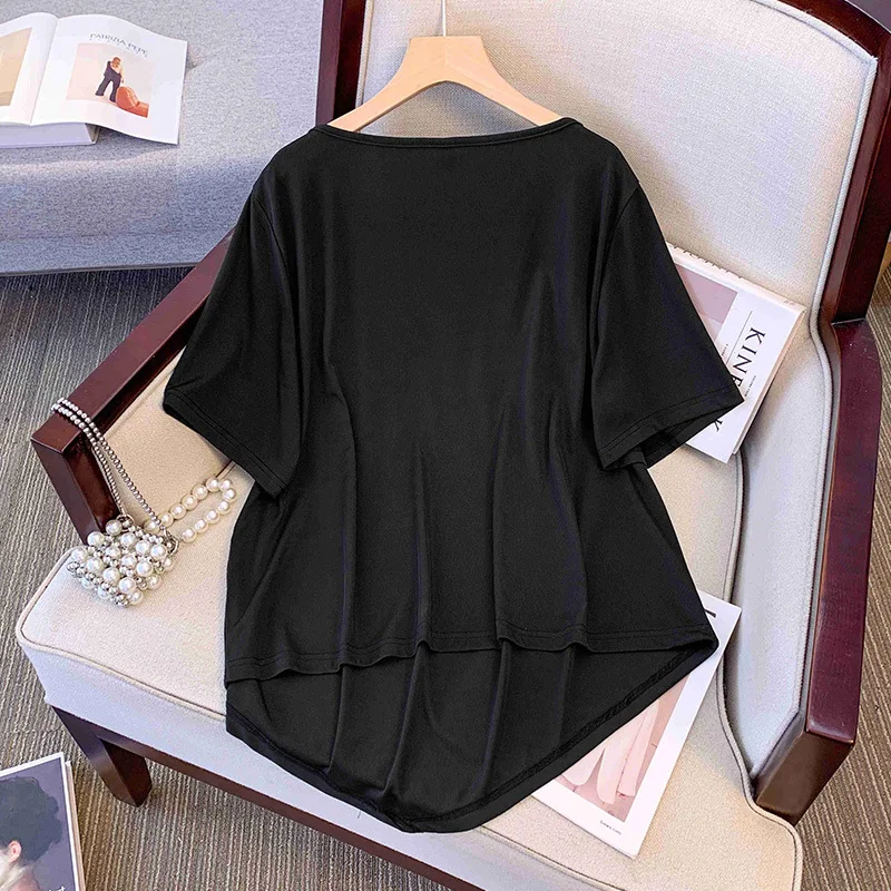 Plus Size, Summer Drop Neck Fashion Knitted Sweatshirt Fat mm Summer Street Pear Shape Top 3397