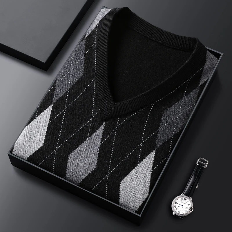 Men Wool Knit Tank Vest Sleeveless Jumpers Sweater Pullover Thick for Autumn Winter V Neck Argyle Vintage Black 1817-01