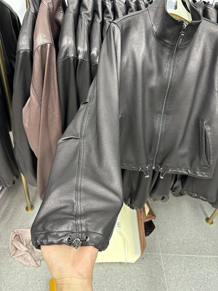 2025 여성용 가죽 양가죽 코트 여성용 스탠드업 칼라 숏 모터사이클 재킷 캐주얼 슬림 가죽 재킷