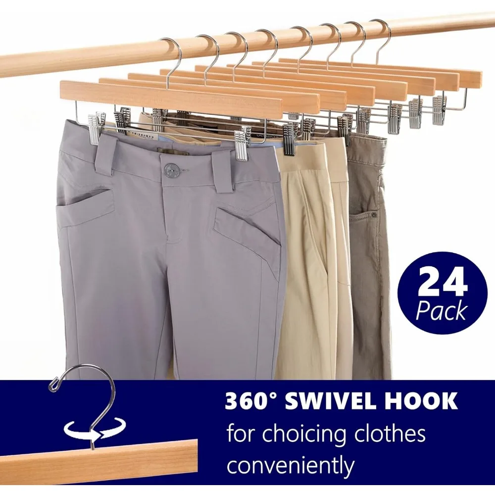 Amber Home 24 Pack Natural Wooden Pants Hangers with Clips, Wood Skirt Hangers Trouser Hangers for Jeans, Slacks