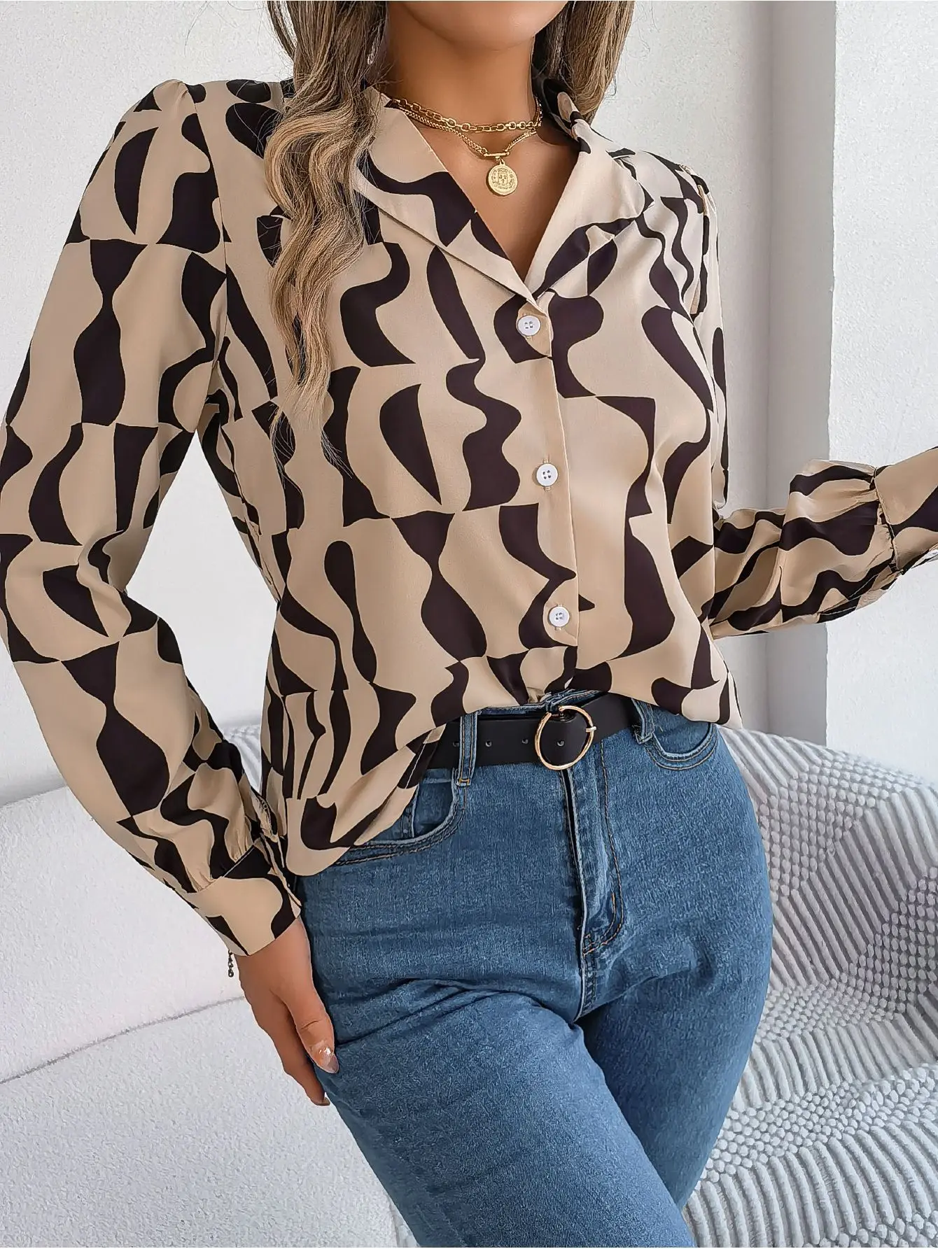 Autumn and Winter Office Lady Shirts Contrast Stripe Notched Collar Long Sleeve Tops Women Single Breasted Elegant Shirt