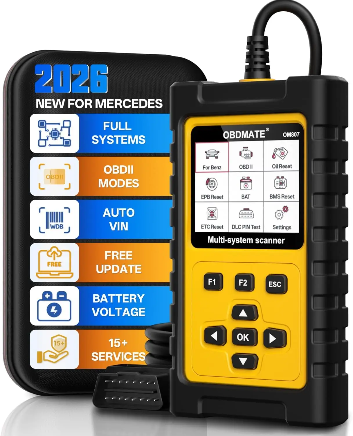 OM807 OBD2 Scanner for Mercedes Benz, Full System Diagnostic Tool, Oil/ETC/EPB/ABS/SAS/BAT Resets, Read & Erase Codes