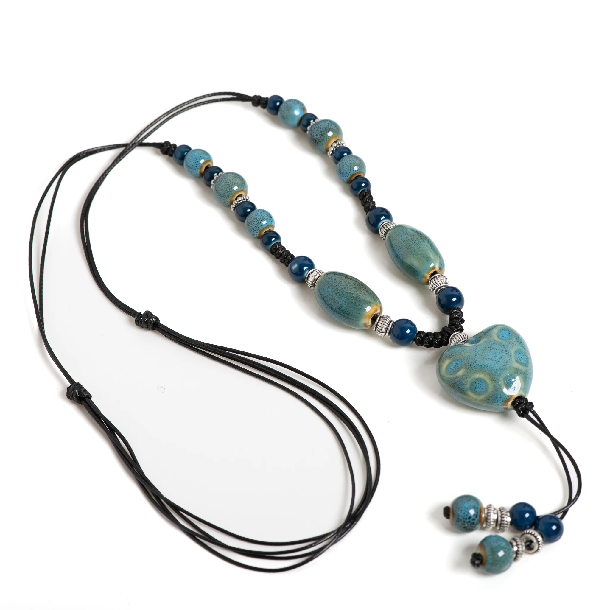 Blue Heart Ceramic Necklace Handmade Pendant Boho Adjustable Long Necklace for Women 111