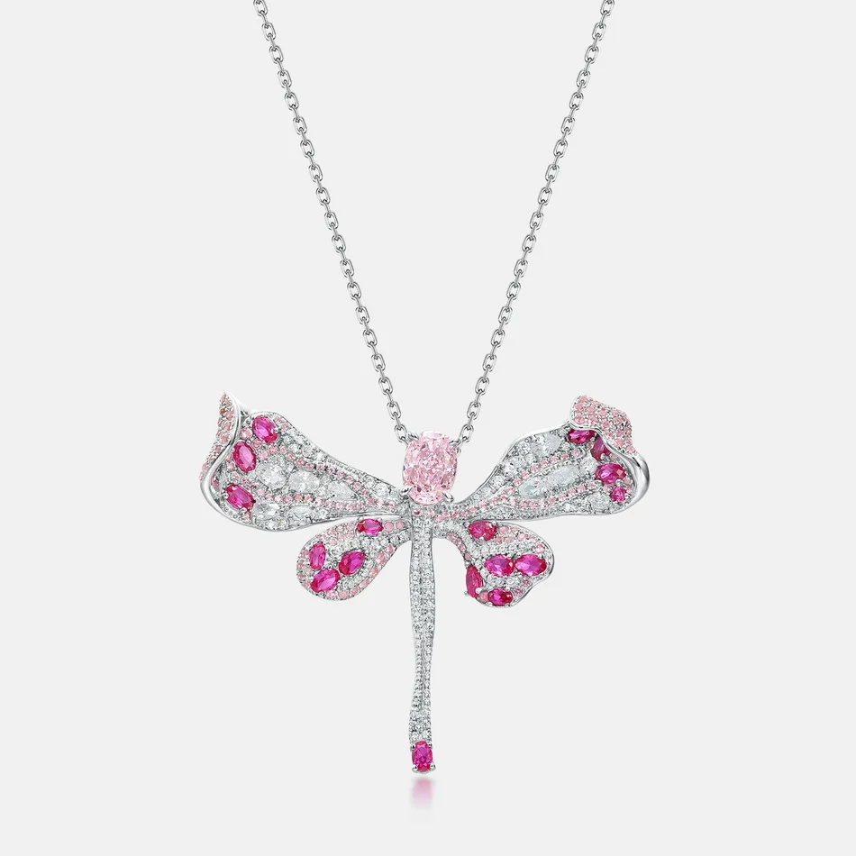 ALLNOEL 925 Silver Pendant Necklace For Women Certified High Carbon Diamond Original Pink Gemstone Dragonfly Animal Jewelry