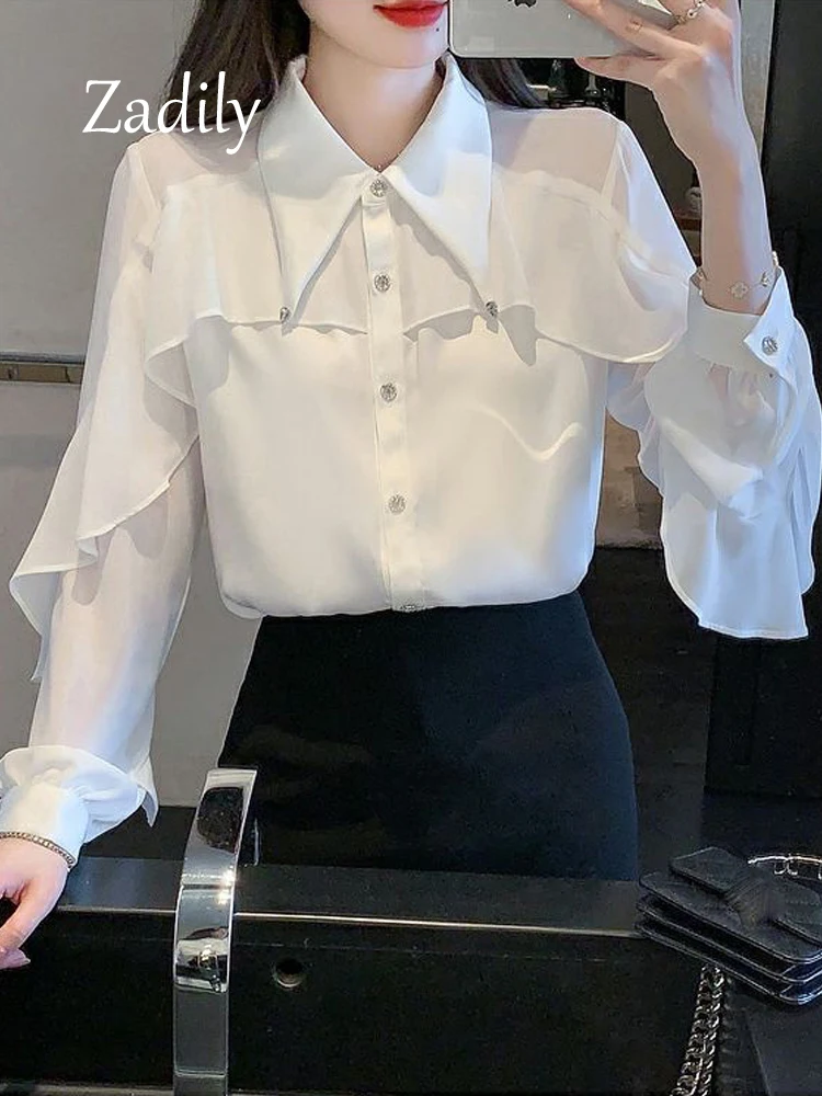 Zadily 2024 Spring Office Lady Long Sleeve Women White Chiffon Shirt Korea Style Button Up Ruffles Ladies Blouse Work Clothing