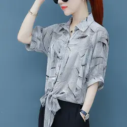 Summer Commute Elegant Drawstring Blouse Women's Clothing Short Sleeve Loose Casual Polo-Neck Printed Chic Single-breasted Shirt