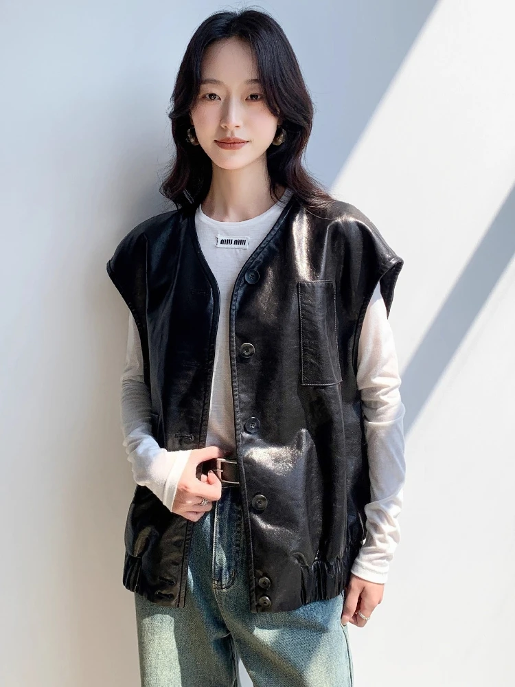 سترة دون أكمام من الجلد الطبيعي غير رسمية سترات نسائية لربيع وخريف 2025 معطف جديد عالي الجودة بسيط فضفاض ناعم أسود من جلد الغنم الحقيقي #2