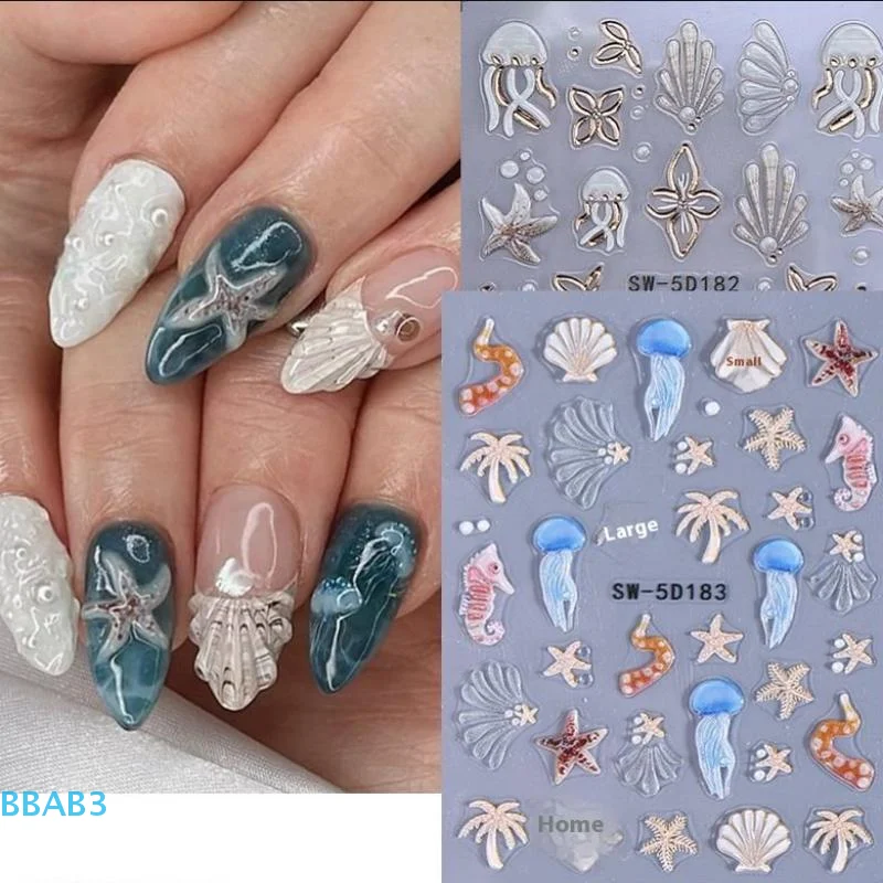 【B】pegatinas de uñas de playa de verano de medusas, concha colorida, estrella de mar, Concha, pescado, deslizadores adhesivos, calcomanías en relieve, decoración de láminas para manicura