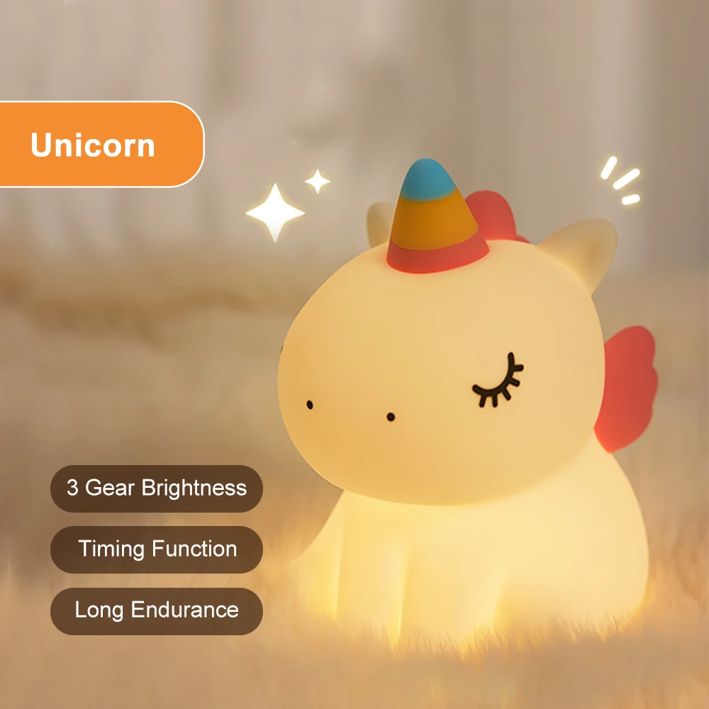 unicorn Cute Silicone LED Night Light For Kids children USB Rechargeable Cartoon Animal bedroom decor Touch Night Lamp for gifts