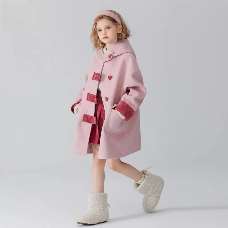 Winter Children Girls Padded Jackets Love Button Side Pocekts 4-14Y Kids Girls Outerwear Hooded Thicken Warm Teens Girl Overcoat