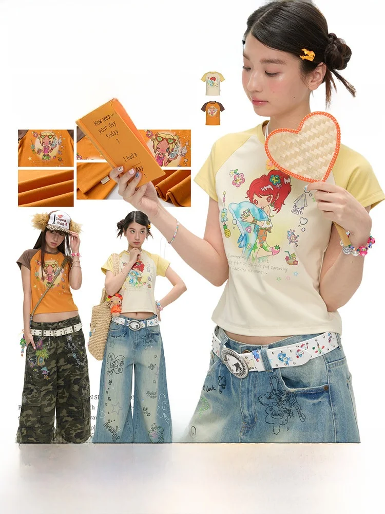 

BENANDx Summer Short Sleeve T-Shirt Shoulder Insert Printed Contrast Color Double-sided Creative Cool Style Slim Fit Women's Top