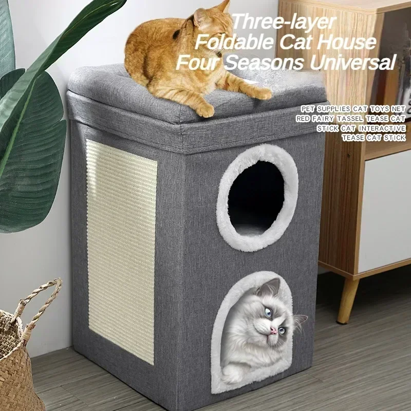 

Foldable Cat House with Scratch Pad, Hideaway Condo for Kitty, Hut Covered Kitten Bed, Pet Furniture, 2 Level