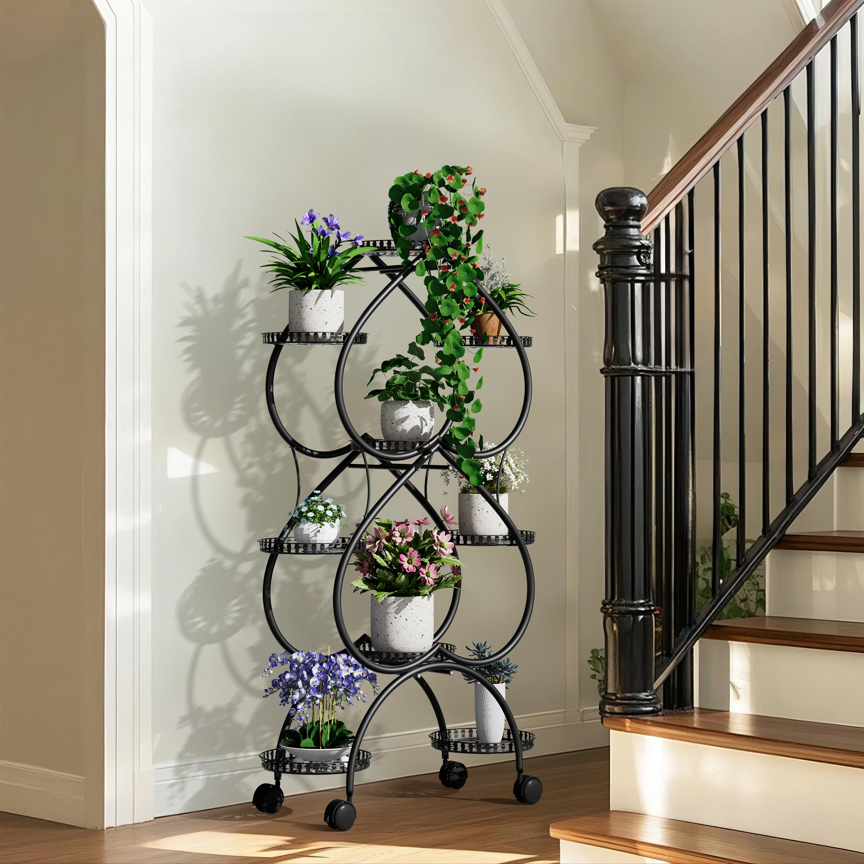 9 TrayPlan Stand Rack Black Flwer Pot Holder with Wheels Oudoor