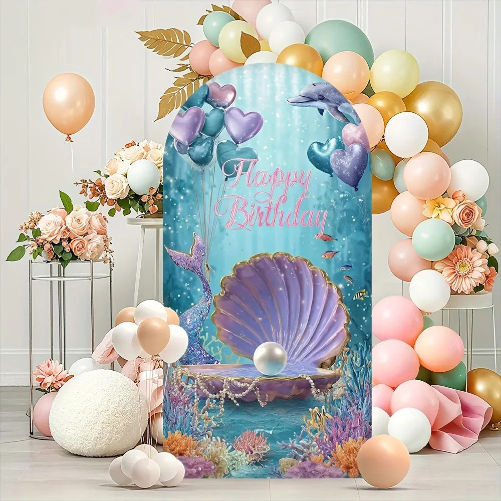Mermaid Girl Happy Birthday Party Background Decor Under the Sea Dolphin Aquatic Plants Pearl Balloons Backdrop 2-sided Arch