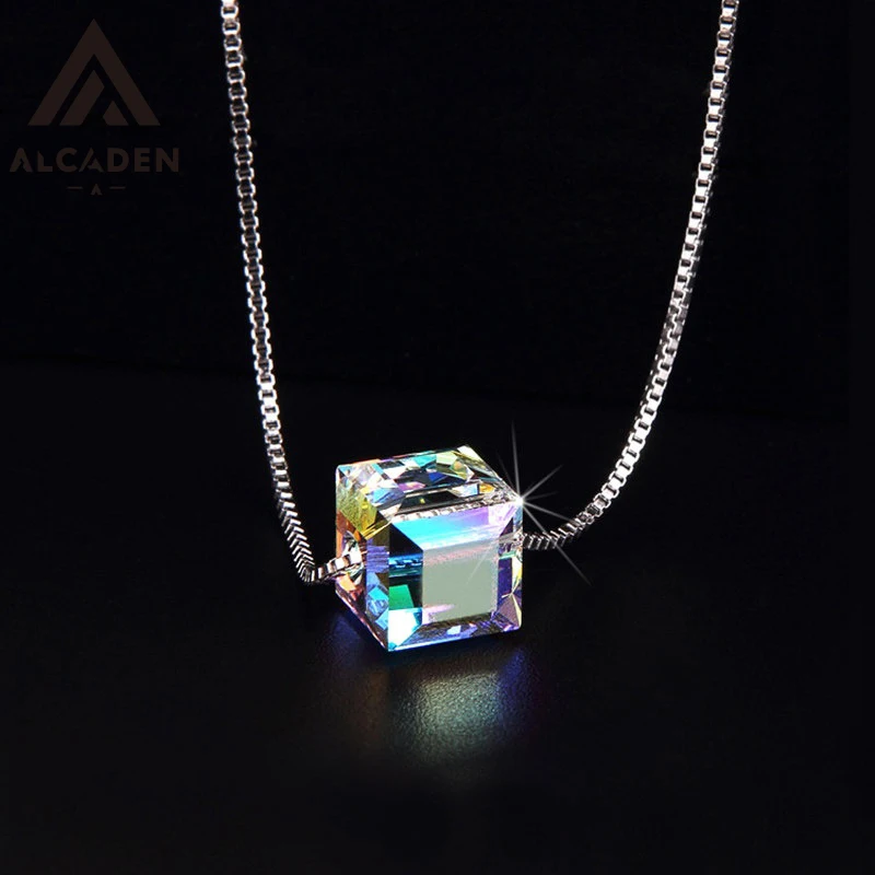 New 100% 925 Sterling Silver Candy‑Square Crystal Clavicle Pendant Necklace Women Fashion Jewelry Gift