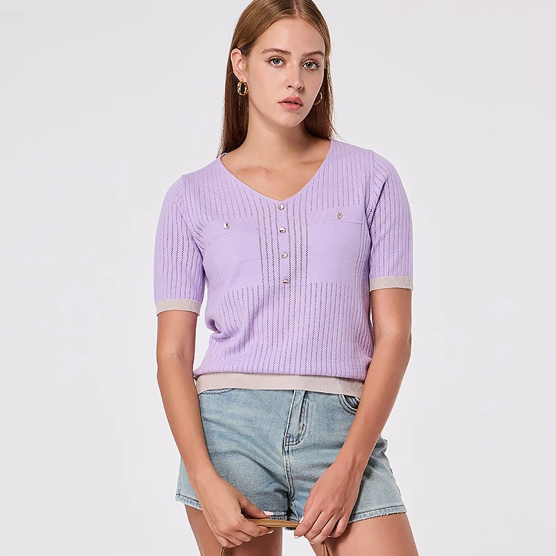 

Summer Short Sleeve Knit V-Neck Pullover Women Patchwork Knitted T Shirt Button Thin Knit Basic Tops Woman Jumper Streetwear