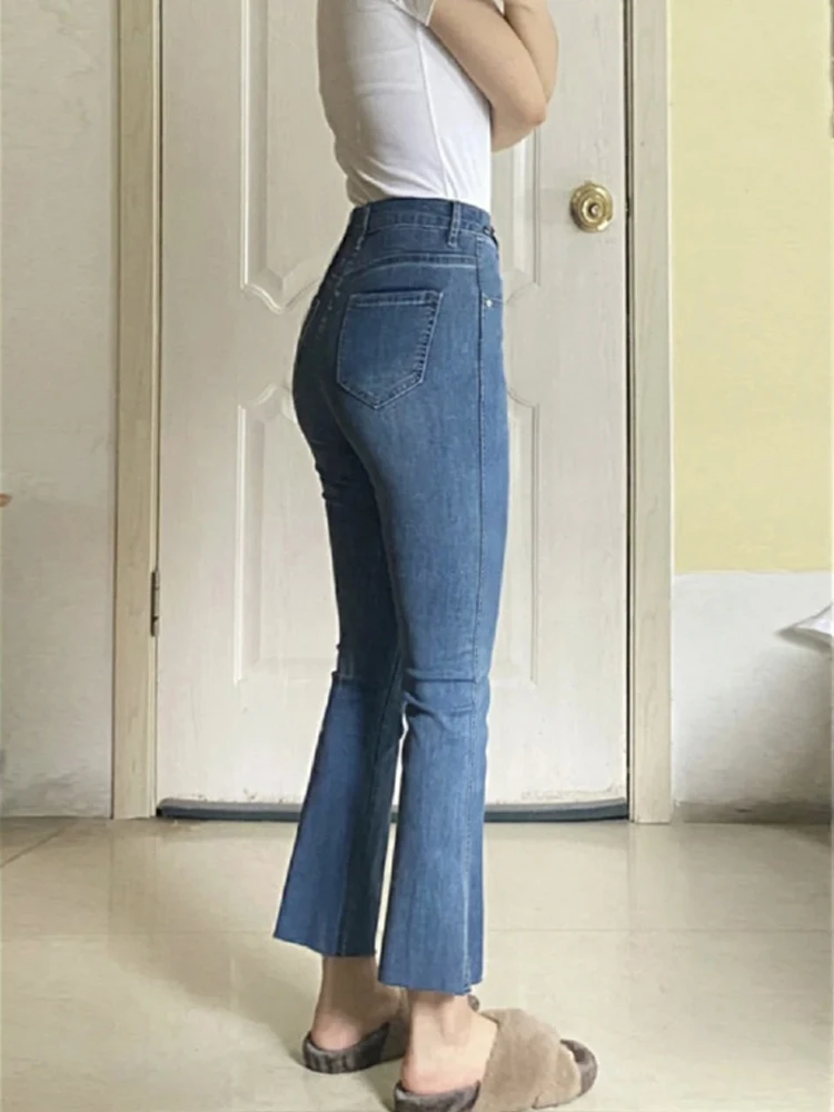 

Retro Blue Flared Jeans Women's Large Size Elastic Casual Cropped Horseshoe Pants Trousers Cargo Women Japanese Streetwear