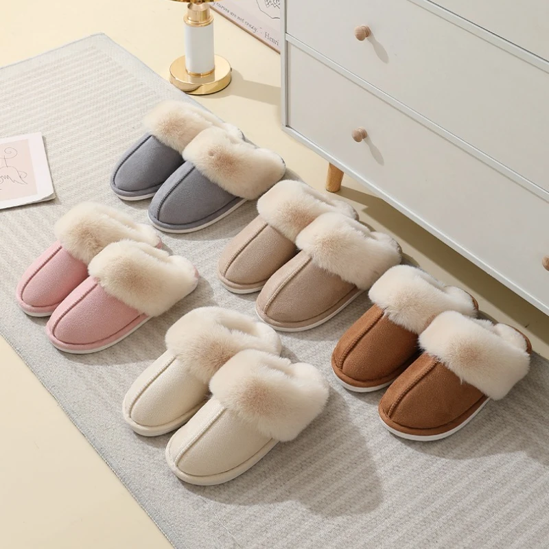 Popular Design Winter Faux Fur Slippers for Couples Warm Cozy Home Shoes Indoor Outdoor Non Slip House Cotton Slippers