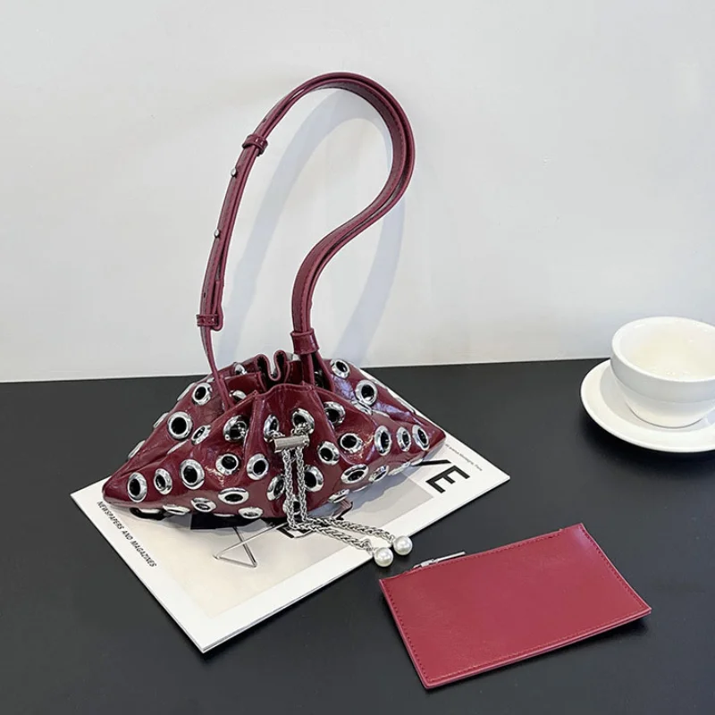 

Metal Rivet Shoulder Bag Hollow Drawstring Bucket Bag Women's Fashion Shoulder Bag Punk Style Cool Crossbody Bag Evening Wallet