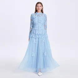 Elegant Long Maxi Dress 2 Piece Sets Women 2026 Spring Summer Holiday Embroidery Pearls Hollow Out Party Crop Tops Skirts Suits