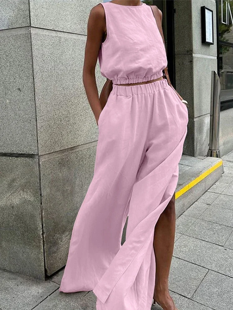 

Solid Cotton Linen Two Piece Set Women's Chic O Neck Sleeveless Lady Vest Top Suits Split Pants Casual High Street Pocket Outfit