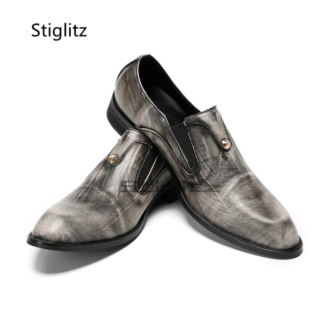 

Men's Business Dress Slip On Leather Shoes Silver Grey Handmade Genuine Leather Office Work Social Shoes for Men Autumn New