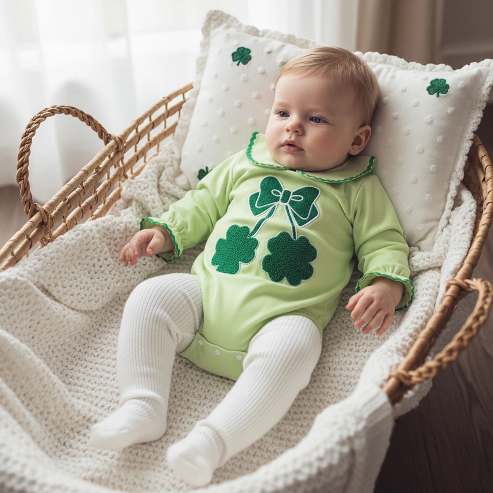 

Комбинезон для маленьких девочек, пышный комбинезон с длинными рукавами и кукольным воротником, трилистник, вышивка, пузырьковый комбинезон