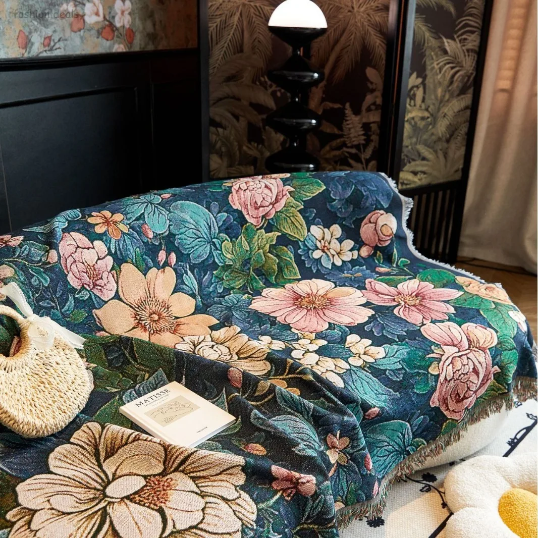 

Watercolor Flowers Printed Sofa Cover Blanket Season Universal Use Retro American Style Anti Slip and Dustproof Sofa Cover Cloth