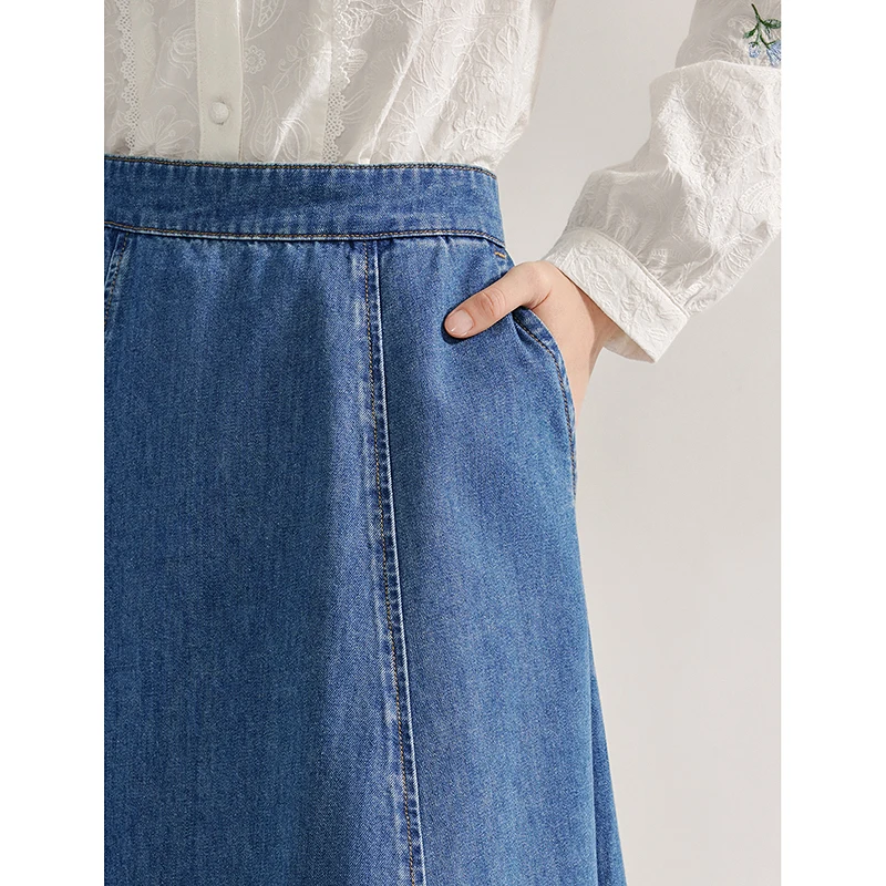 INMAN Denim Skirt 2024 Autumn Women's Long skirt A-line covers hips high-waisted slimming umbrella Skirt