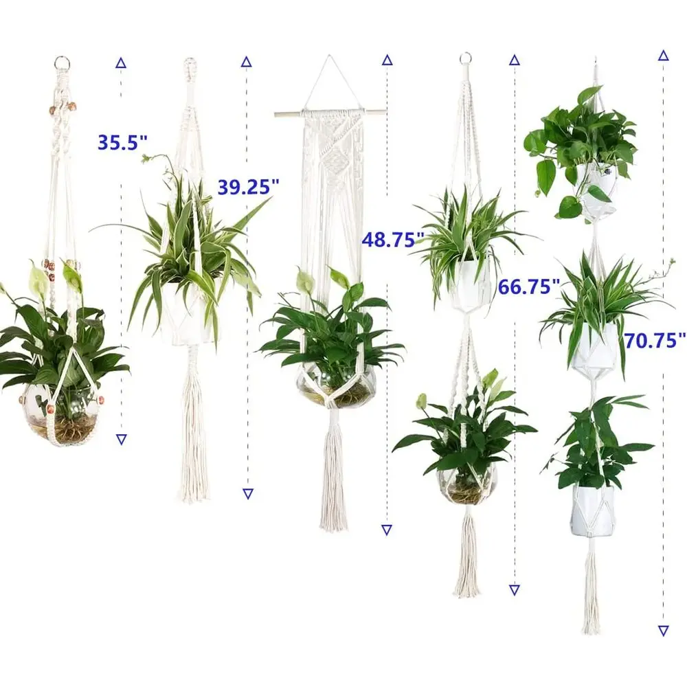 5-Pack Plant Hangers with 5 Hooks, Different Tiers, Handmade Cotton Rope Hanging Planters Set for Lower Pots Holder Stand, Indoo