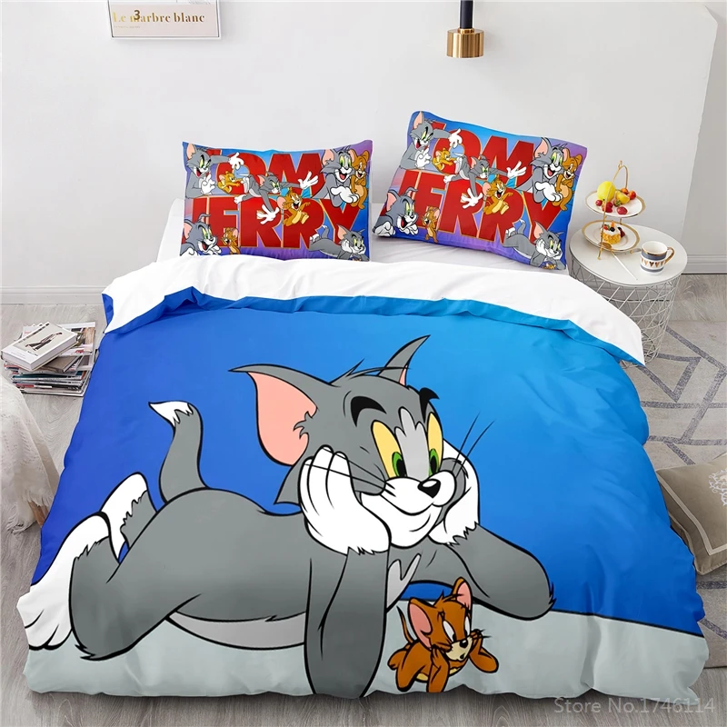 Kawaii Cat Mouse Tom Jerry 3D Cartoon Print Bedding Set Duvet Cover Set Quilt Cover Pillowcase Home Textile for Kids Boys Girls