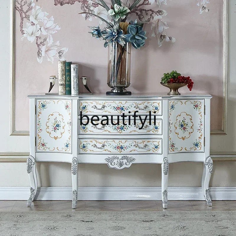 

35European-style painted entrance dining side cabinet living room solid wood storage decorative cabinet light luxury furnitureSS