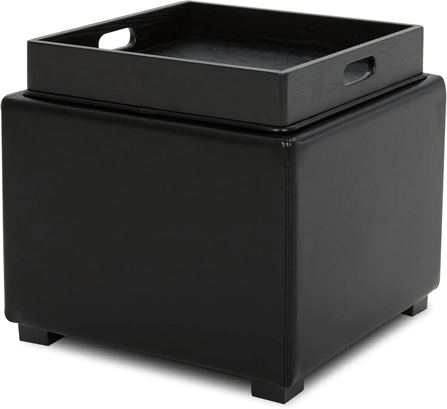 Storage Ottoman Cube with Tray, Footrest Stool Seat Serve as Side Table, PU Leather in Black