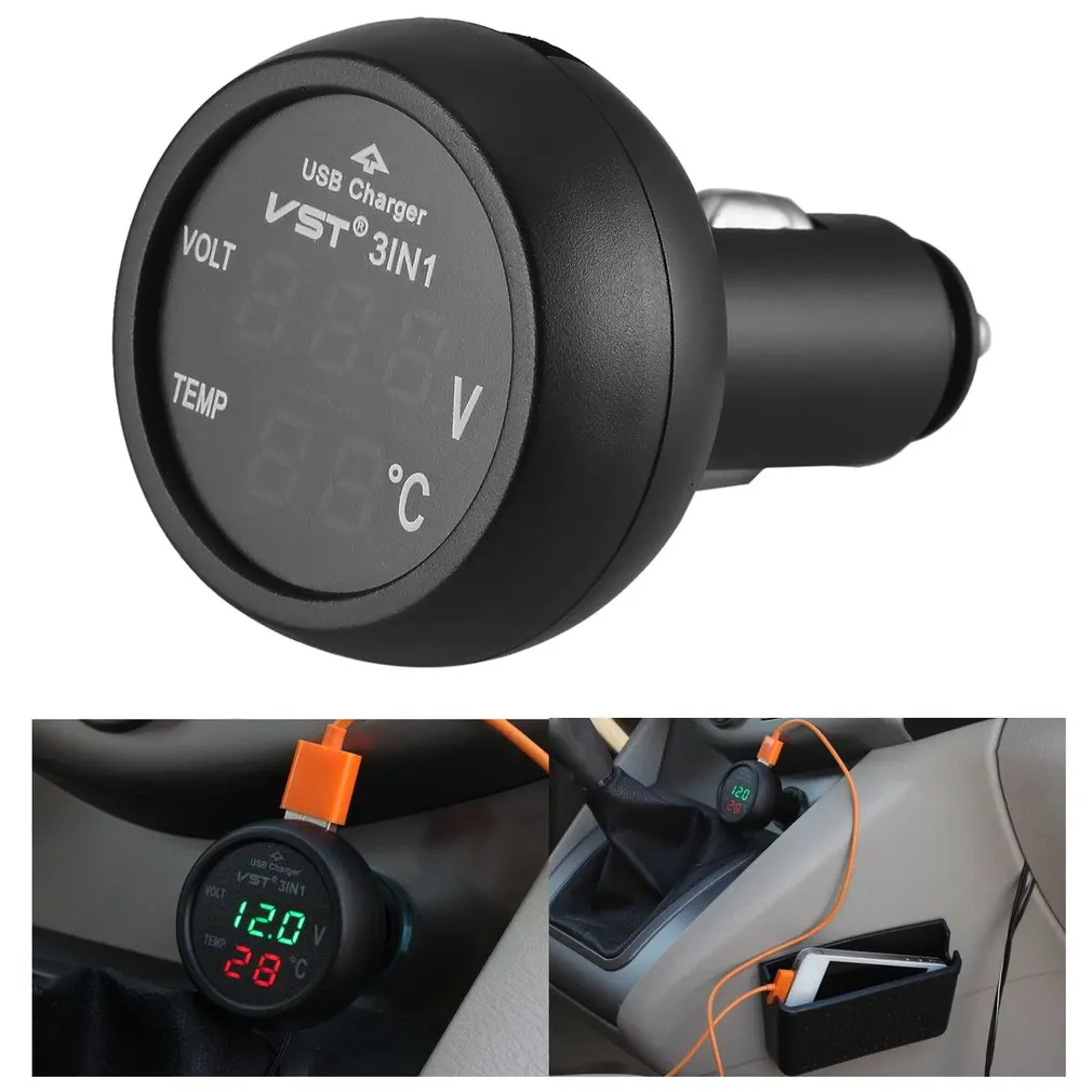 3 in 1 LED USB Car Charger Voltmeter Thermometer Car Battery Monitor LCD Digital Dual Display 12V/24V Digital Meter Monitor