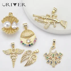 LJRIVER 5 Pcs Luxury Brass Charms for Women Shell Gun Wing Charm DIY Chain Jewelry Accessories Round Pendant Jewelry Material