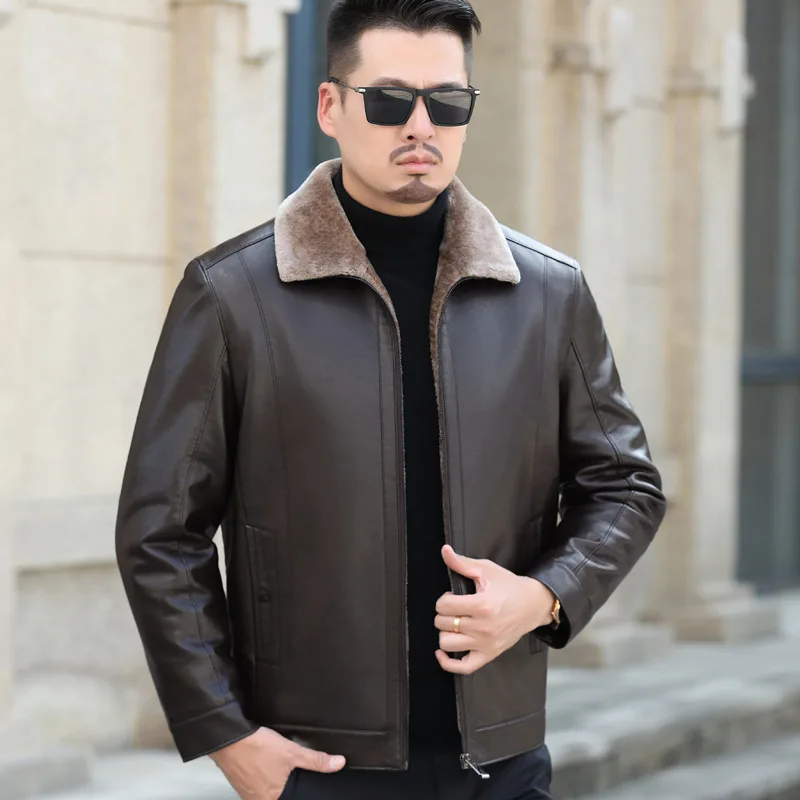 海寧山羊革ジャケット メンズ 本革ジャケット ショートラペル カジュアル ファーとベルベットの厚手コート