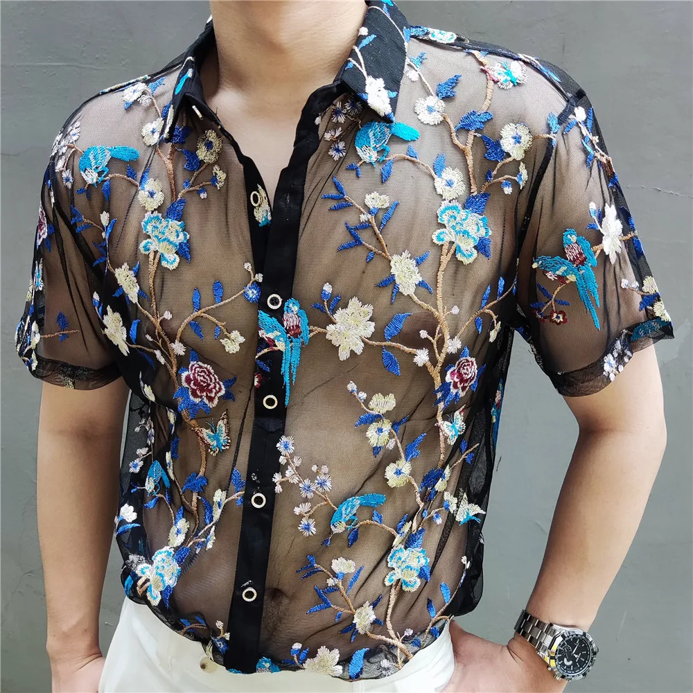 

Flower Birds Shirt Embroidery See Through Sexy Shirt 2022 Luxe Mesh Transparent Shirt Summer Short Sleeve Chemise Homme