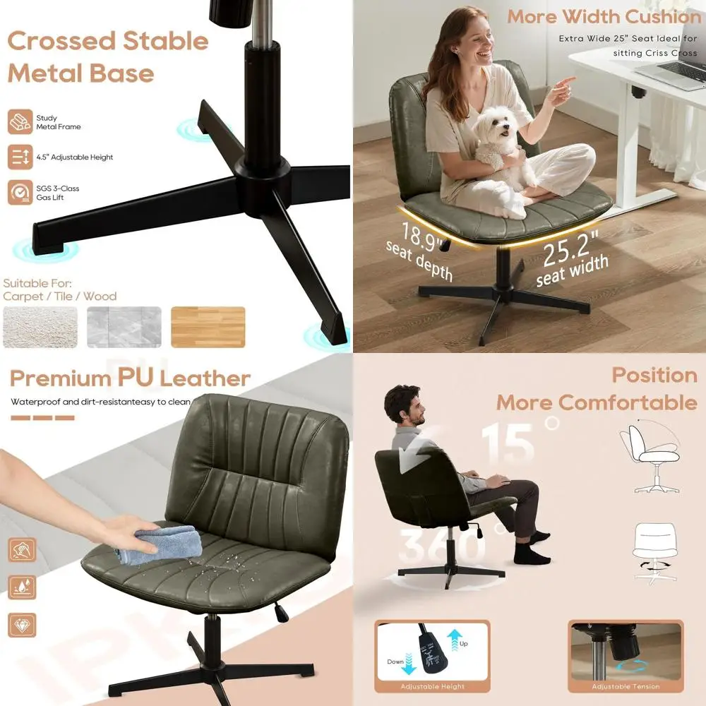 

Green Mid-Back Swivel Office Chair with Adjustable Height, Armless, PU Leather, Wide Seat for Modern Desks