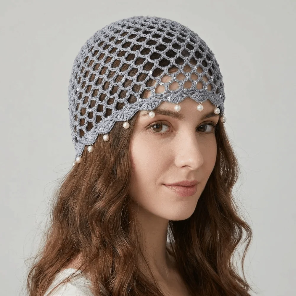 

Sweet Beads Tassels Crochet Hollow Knitted Hat Hollow Out Thin Knit Beanies Korean Handmade Weave Cap Outdoor